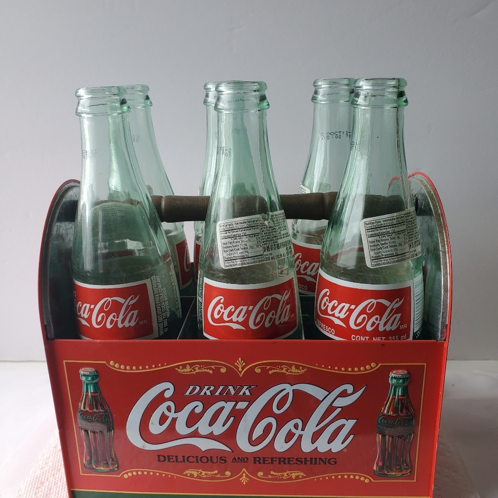2002 COCA-COLA Glass Soda Bottles Made in Mexico 355ml Green Tint in Tin  Crate